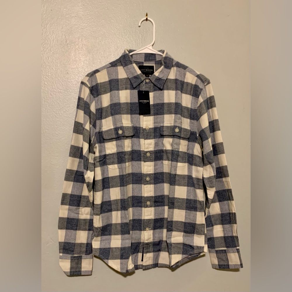 🎉Host Pick!🎉 NWT Lucky Brand Blue/Cream Flannel Button-Down Shirt - Picture 2 of 12